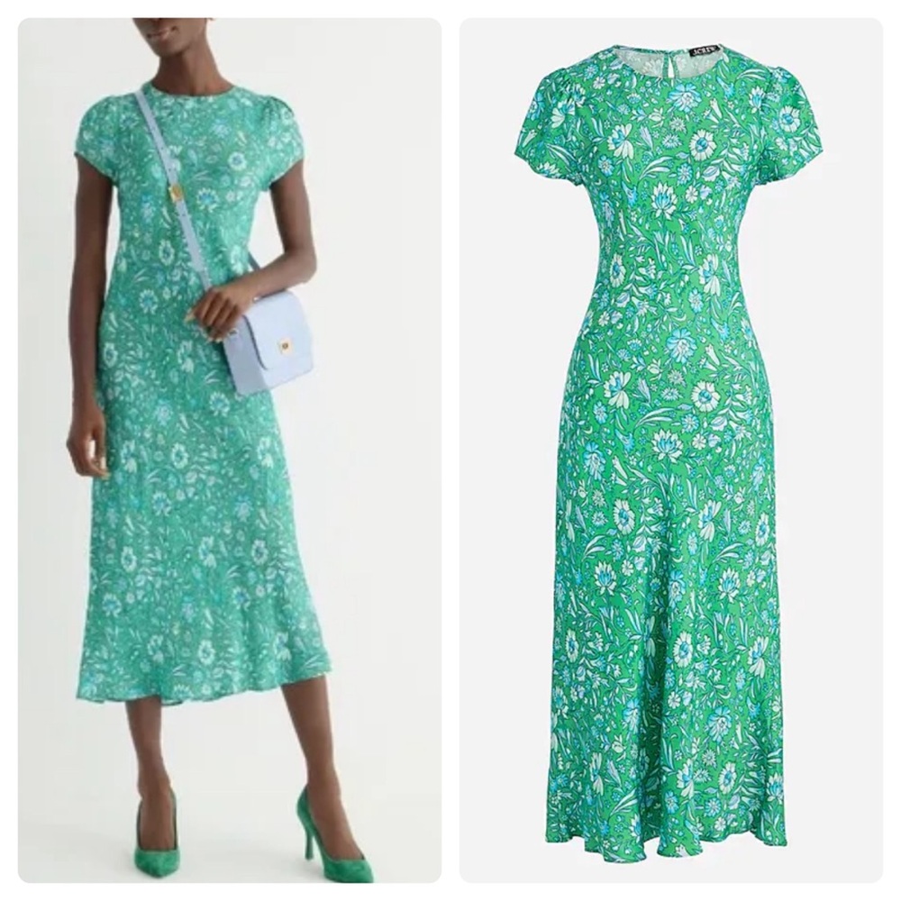 J. Crew Green Floral A-Line Midi Dress